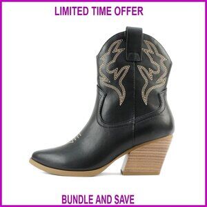 Western Stitched Pointe Toe Low Heel Ankle Bootie Black Pu